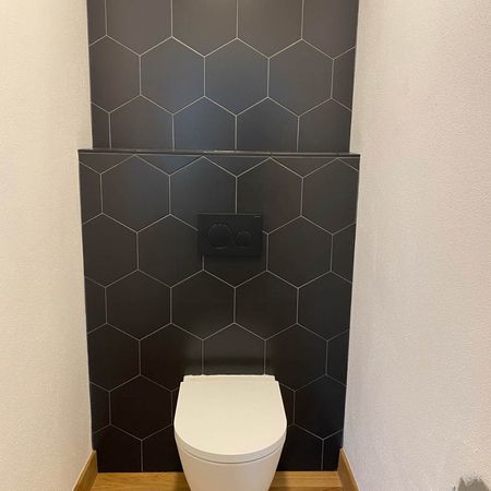 Toilette mit einer kunstvollen und dunklen Fliesenwand